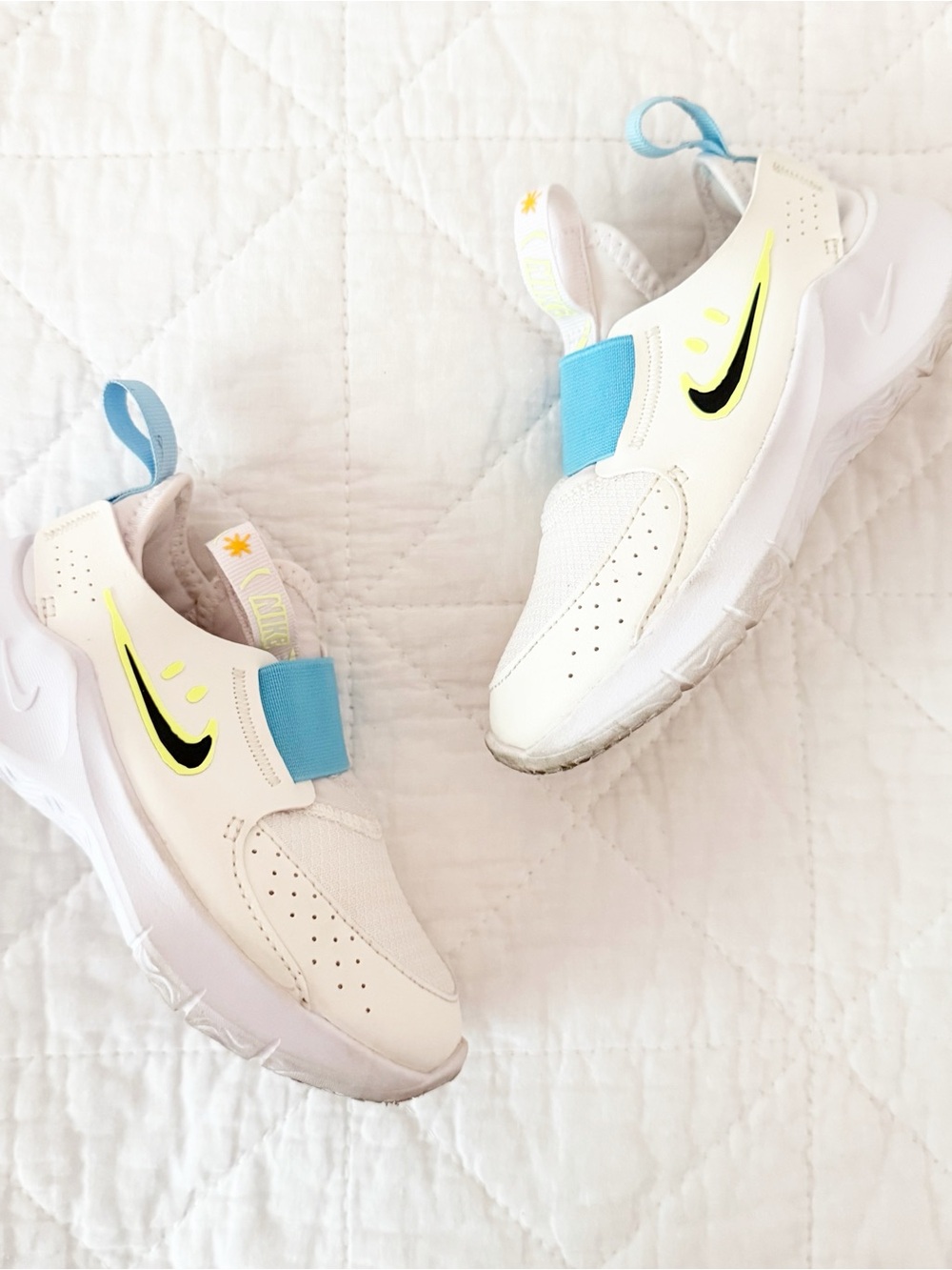 Nike Kids' 9C White & Blue Slip-On Sneakers with Neon Accents